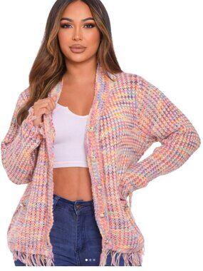 Colorful Fringe Open Knit Cardigan One Size Boho Fairy Fancy Dream Sweater Layer
